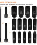 One Half Inch Drive Deep Impact Socket Set 10mm Through 24mm No Skipped Sizes shown with extension bars and laser etched markings.