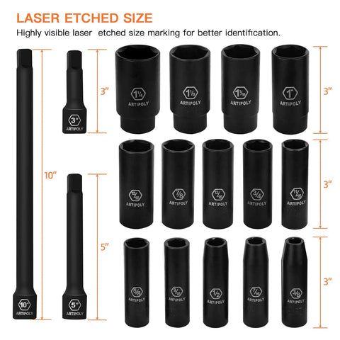 Heavy Duty 48 Piece Impact Socket Set With 6 Point Deep And Shallow Sockets SAE And Metric From 5/16 To 3/4 Inch And 8 To 22 mm CR-V Steel Mechanic Kit For Pros And DIYers showing various socket sizes with laser etched markings.