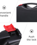 Heavy Duty Black Polypropylene Toolbox Organizer With Reinforced Carry Handle And Tight Seal Lids For Sorting Hand Tools Fasteners And Workshop Gear That Is Built Different And Ready For Any Job Site showing convenient handle and locking mechanism.
