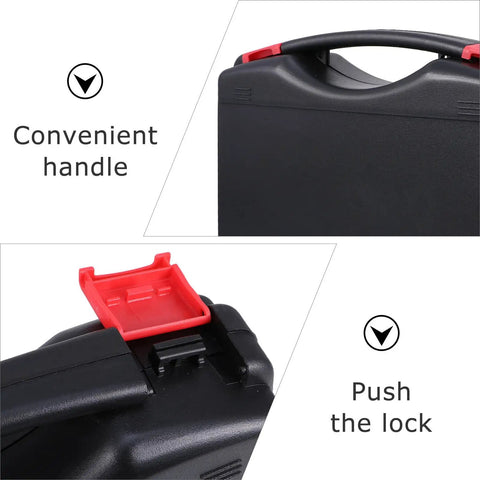 Heavy Duty Black Polypropylene Toolbox Organizer With Reinforced Carry Handle And Tight Seal Lids For Sorting Hand Tools Fasteners And Workshop Gear That Is Built Different And Ready For Any Job Site showing convenient handle and locking mechanism.