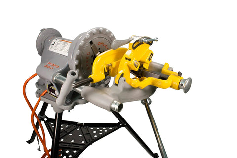 Reconditioned Heavy Duty Pipe Threading Machine With Foot Pedal And Quick Opening Die Head Handles half inch to two inch pipe on a stand.