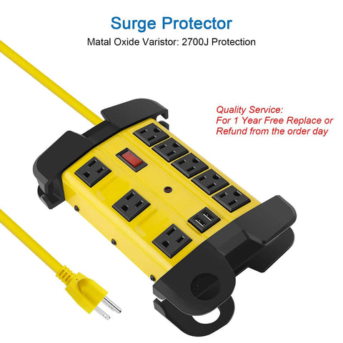 Heavy Duty Metal Power Strip With USB Ports 8 Outlets 2700 Joules Surge Protector Pro Grade Industrial 15 Amp 6 Foot Extension Cord Wall Mountable Wide Spaced Outlets Yellow