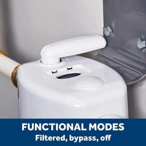 Whole House Water Filtration System Built Tough With Clear Sump, shown with 3-position bypass valve for easy operation.