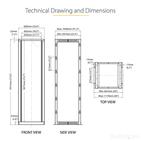 Technical drawing dimensions of Built Tough 42U Four Post Open Frame Server Rack With 19 Inch Width And 22 To 40 Inch Adjustable Depth.