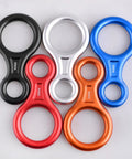 Set of five figure 8 descenders in black, red, silver, orange, and blue 35kN aluminum, Lightweight 35kN Aluminum Figure 8 Descender Rigging Plate Red