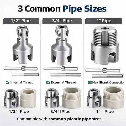 4 in 1 Drill Powered Pipe Threading Tool Kit For Cutting Internal External Threads On Pvc And Ppr Pipes Fits Half Inch Three Quarter And One Inch Sizes For Plumbing Repairs And Pro Grade Projects showing 1/2, 3/4, and 1 inch pipe threaders.