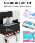 Toilet Paper Holder With Shelf Dual Roll And Wipes Dispenser For Bathroom Wall Mounted Storage Black Metal And Solid Wood, showing storage box with lid for wipes.
