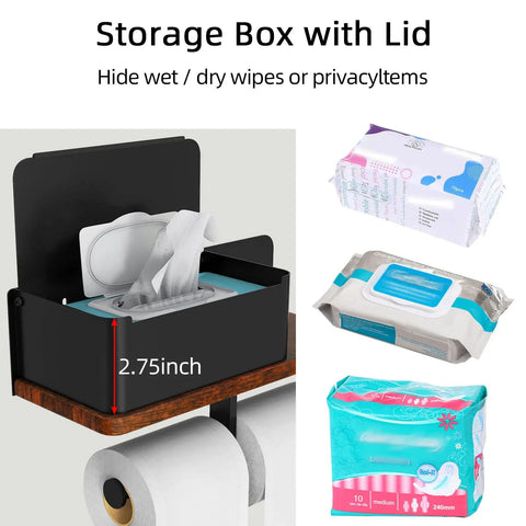 Toilet Paper Holder With Shelf Dual Roll And Wipes Dispenser For Bathroom Wall Mounted Storage Black Metal And Solid Wood, showing storage box with lid for wipes.