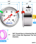 Glycerin Filled Stainless Steel Pressure Gauge 0 To 100 PSI, 1.5 Inch Dial, 1/8 NPT Back Mount, side and front view with dimensions