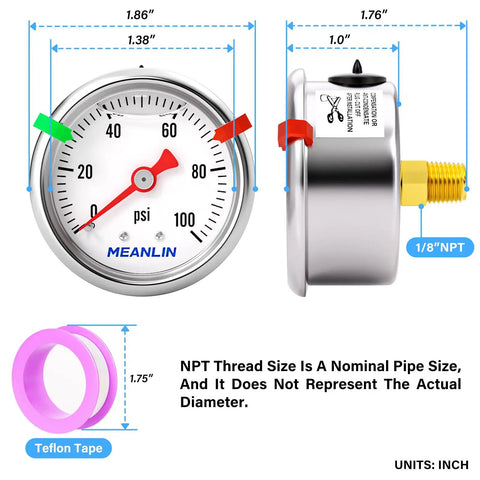 Glycerin Filled Stainless Steel Pressure Gauge 0 To 100 PSI, 1.5 Inch Dial, 1/8 NPT Back Mount, side and front view with dimensions
