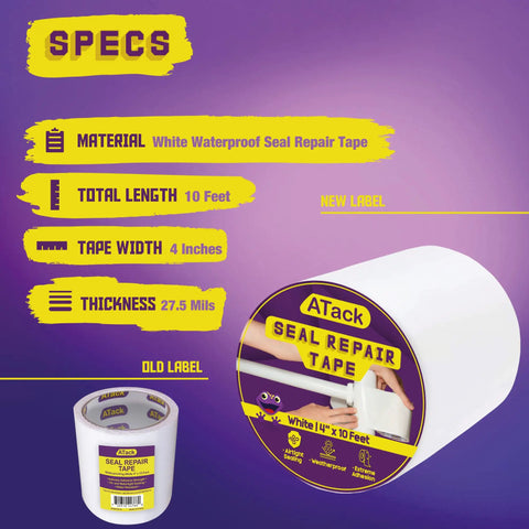Waterproof Patch And Seal Tape White 4 Inch By 10 Ft with silicone-butyl adhesive, packaging showing specs, roll of tape.