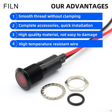 12mm Red LED Indicator Light Waterproof IP67 Pilot Lamp For Cars And Industrial Equipment, 5V 12V 24V Compatible, 2 Pack With 20cm Lead Wires, Built Tough Metal Housing Dash Mount Perfect For Auto Marine And Panel Installs, with nut and gasket