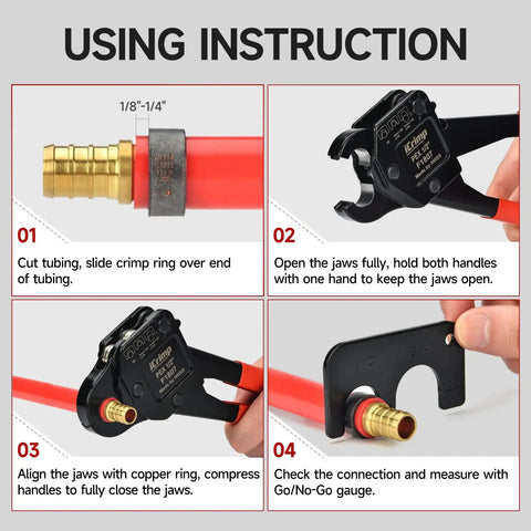 Two PEX Copper Ring Crimp Tools For One Half To Three Quarters Inch PEX Lines With Cutter Tight Space Friendly ASTM F1807 Compliant Heavy Duty Tool Steel Includes Go No Go Gauge using instructions