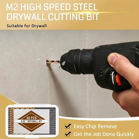 50 Piece Killer Sharp Drywall Cutting Bits Set With Precise 5/32 Inch Spiral Design And Centered Guide Point For Clean Trim Work Smooth Outlet Box Cuts Quick Gypsum Board Router Jobs That Stay Put On Rotary Tools Like Butter, using M2 HSS drywall bit.