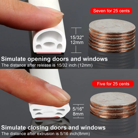 White silicone door weather strip with red adhesive; front cross-section shows 12 mm height and 8 mm extrusion.