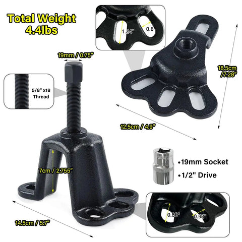 Pro Grade Universal Front Wheel Bearing Puller and Rear Axle Puller Kit with 5/8 x 18 Threads, showing dimensions and details