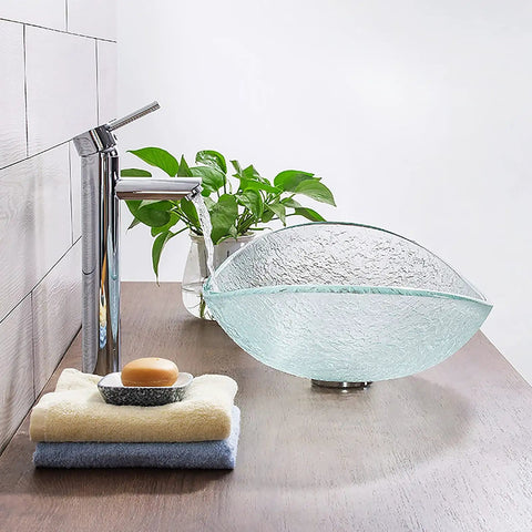 Contemporary USZWBY Bathroom Vessel Sink Vanity Tempered Glass Vessel Bowl Sink Oval Transparent on wooden countertop.