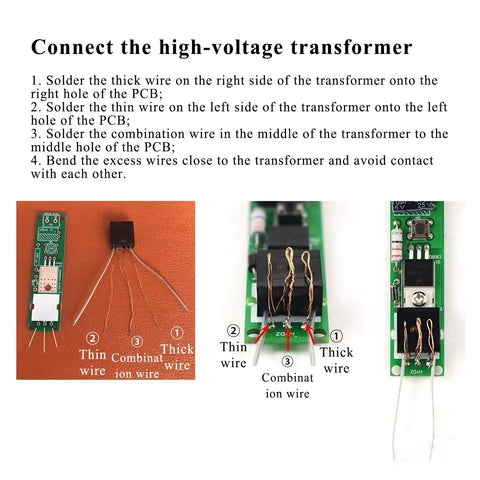 Starter Friendly Soldering Practice Kit With Electronic Lighter DIY Project Gear For Makers Arc Lighter Tech Powered By Three To Five Volts And Five Amps 18650 Battery Recommended English Instructions Included showing wiring steps for high-voltage transformer.