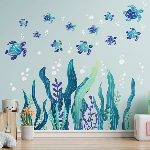 Dope 3D Sea Turtle Wall Decals With Ocean Grass And Seaweed Stickers Peel And Stick Removable Vinyl Underwater Wall Decor