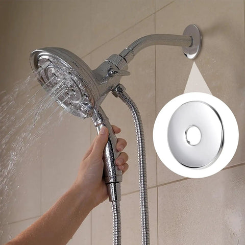Top Shelf 2 Pack Large Shower Arm Flange Wall Cover With Solid 315 Inch Width Snugs Over Standard Half Inch Pipes Perfectly Heavy Duty Bathroom Hardware Update That Gets The Job Done Right, showcasing silver shower head and flange.