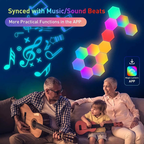 Family enjoying music with 8 Pack Hexagon LED Wall Panels RGB Color Lights With App Control Music Sync And Remote For DIY Modular Honeycomb Bedroom Decor, Game Room Dope Ambience, Easy Install, 16 Million Colors And 200 Plus Modes