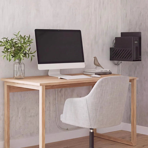 Kick That Clutter To The Curb And Snag Extra Real Estate On Your Desk With This Heavy Duty Steel U P S Wall Mount Rack compatible with APC and Cyberpower Battery Backups for Compact PC, mounted beside desk.