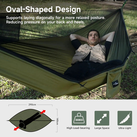 Camping Hammock With Mosquito Net And Ridge Rope For Two, Extra Large 114x55 Inch, shown with person lounging outdoors