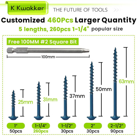 460 Pcs Pocket Hole Screw Kit With 1 Inch 1 And A Quarter Inch 1 And A Half Inch 2 Inch And 2 And A Half Inch Coarse Thread Blue Anti Rust