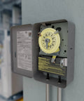 Heavy Duty 24 Hour Mechanical Timer Switch 120 Volt SPST For Lights Pumps Fans And HVAC Indoor Metal Enclosure Open View