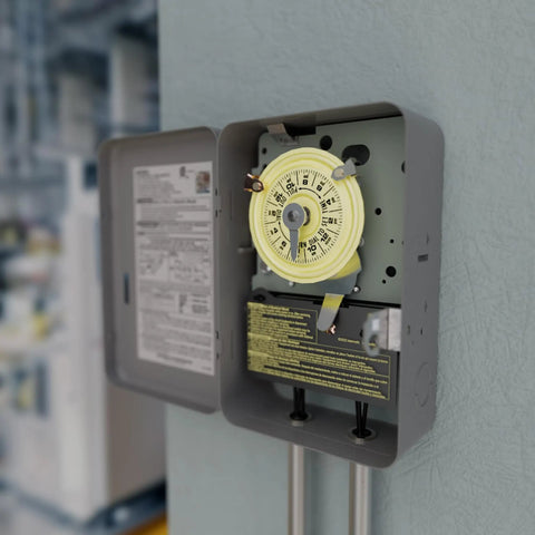 Beefy 24 Hour Mechanical Timer Switch DPST For 208 277 VAC Circuits Indoor Metal Enclosure Manual Override 40 Amp panel view