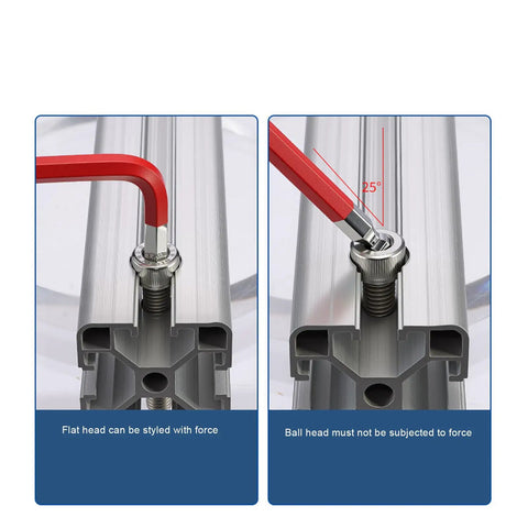 Kick It Up A Notch With This Colorful Cr V Ball End Hex Key Wrench Set For Quick Furniture Assembly Bike Repair And Heavy Machinery Jobs Featuring Sized Labels And S2 Alloy Strength. red hex key wrench showing flat head and 25° ball end use