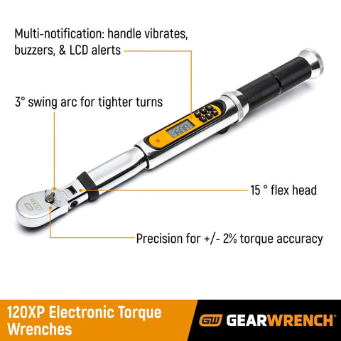 One Quarter Inch Drive 120XP Flex Head Electronic Torque Wrench With Angle Readout Pro Grade Quality for Tight Spaces