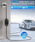 Portable Level 1 and 2 EV Charger With 25ft Cable, plugged into an electric car outdoors, showing weatherproof features.