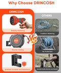 Comparison of DRINCOSH retractable garden hose reel with 130 ft reach and traditional hoses in durability and protection.