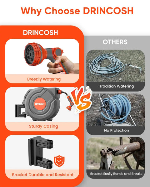 Comparison of DRINCOSH retractable garden hose reel with 130 ft reach and traditional hoses in durability and protection.