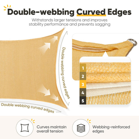 Close-up of double-webbing curved edges on 20x26 Ft Sun Shade Sail For Patio And Backyard, Heavy Duty 185GSM, UV Block Outdoor Cover