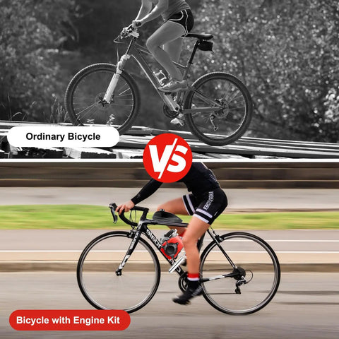 Comparison of ordinary bicycle and one equipped with Rock Solid 53cc 4 Stroke Gas Engine Motorized Bicycle Conversion Kit.
