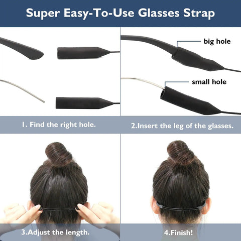 Two Hole Adjustable Eyeglasses Strap For Kids And Adults Lanyard Eyewear Retainer instructional and demonstration image