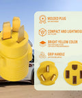 No Fuss Plug And Play Nema 10-50P To 14-50R Adapter Connector for 50 Amp RV EV Charger bright yellow molded plug close-up.