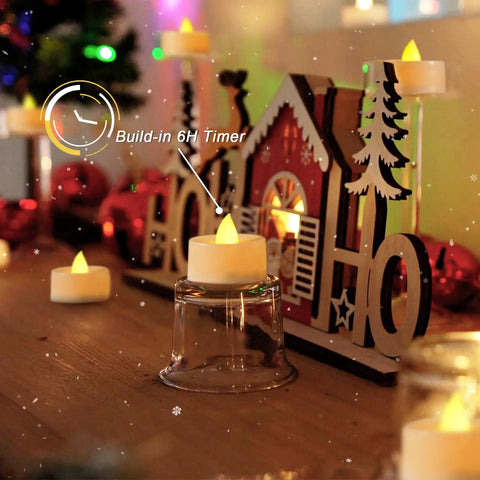 Flameless Tea Lights With 6 Hour Timer 24 Hour Auto Cycle Battery Operated LED Candles Pack Of 12 in holiday setting