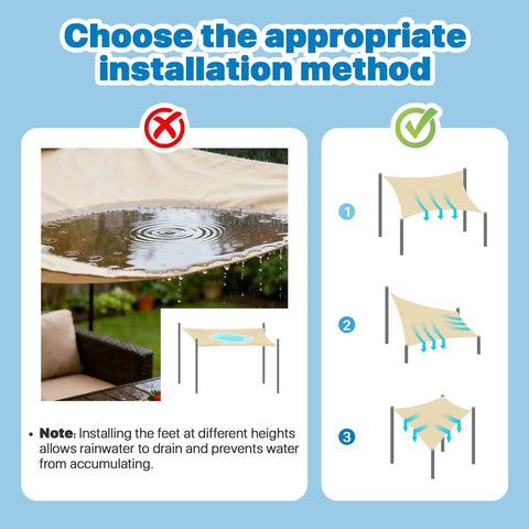 Diagram showing correct and incorrect installation for Beige 9.5 Foot Square Waterproof Sun Shade Sail Canopy Awning