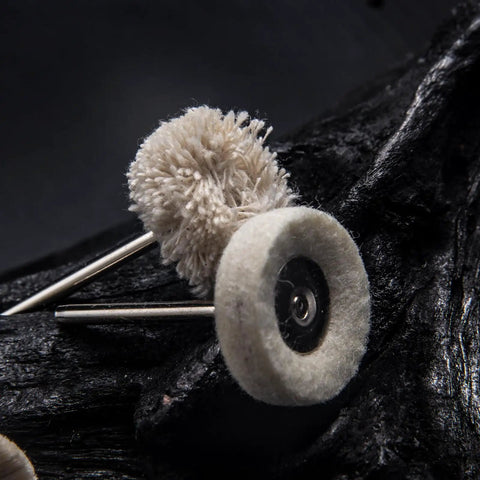 Kickass 20 Pack Wool Felt Buffing Wheels For Dremel Rotary Tools 25Mm Diameter assorted shapes with metal shafts for polishing.