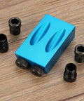 Pocket Hole Jig Kit For Woodworking With 15 Degree Oblique Hole Locator, blue aluminum alloy body with bushings on wooden surface