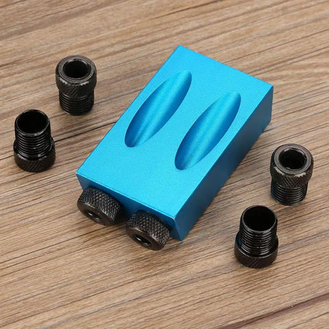 Pocket Hole Jig Kit For Woodworking With 15 Degree Oblique Hole Locator, blue aluminum alloy body with bushings on wooden surface