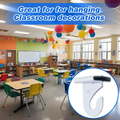 Classroom with 120 Pcs Drop Ceiling Hooks For Hanging Clips T Bar Tile Hooks Aluminum Heavy Duty for decor displayed in inset.