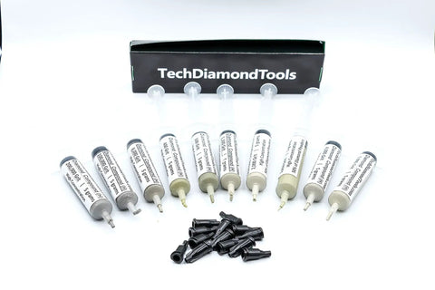 Diamond Polishing Paste Kit With 10 Pro Grade Pastes Featuring 50 Percent Diamond Powder, Oil Based Compound, Grit Range From 400 To 200000, Ideal For Marble Glass Metal Jewelry Resin Silver Gemstones, Made In USA, Includes 5 Gram Syringes displayed with tips