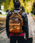 Man walking with Fall Farmer Pumpkin Barn Printed Unisex Backpack With Large Capacity For School Work Travel And Everyday Carry Durable Polyester Breathable Comfort Easy Clean Design