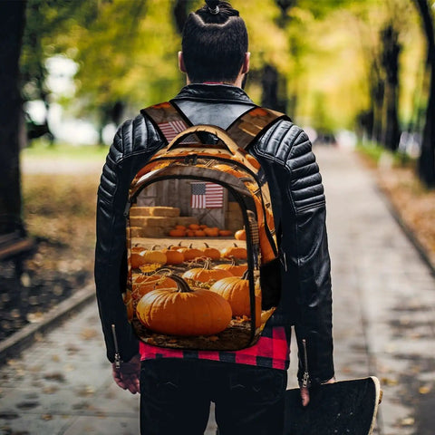 Man walking with Fall Farmer Pumpkin Barn Printed Unisex Backpack With Large Capacity For School Work Travel And Everyday Carry Durable Polyester Breathable Comfort Easy Clean Design