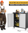 Heavy Duty Metal Garage Storage Cabinet On Wheels With Lockable Door And Adjustable Shelves Rust Resistant Steel Utility Cabinet For Garage Workshop Home Office Grey, with open doors showing shelves and various tools inside, next to a person for size reference.