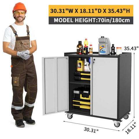 Heavy Duty Metal Garage Storage Cabinet On Wheels With Lockable Door And Adjustable Shelves Rust Resistant Steel Utility Cabinet For Garage Workshop Home Office Grey, with open doors showing shelves and various tools inside, next to a person for size reference.